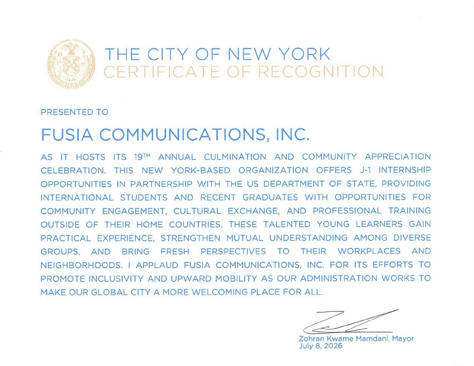Certificate of Recognition